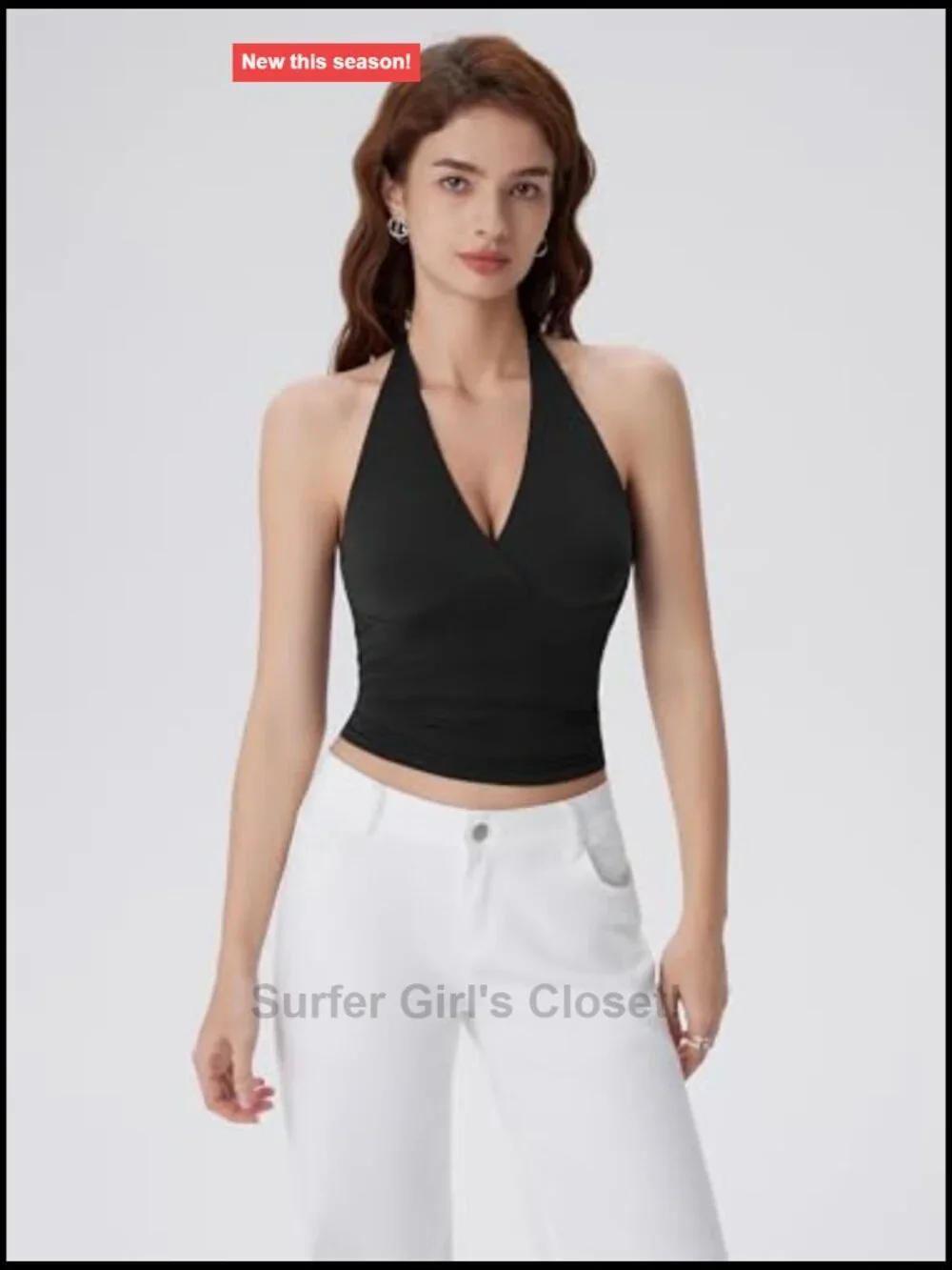 Halter Backless Tank Top with Built in Bra Double Lined V Neck Y2k Cami